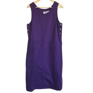 VTG 90s Purple Cotton Shift Dress Medium Button Side Pockets Minimalist Teacher